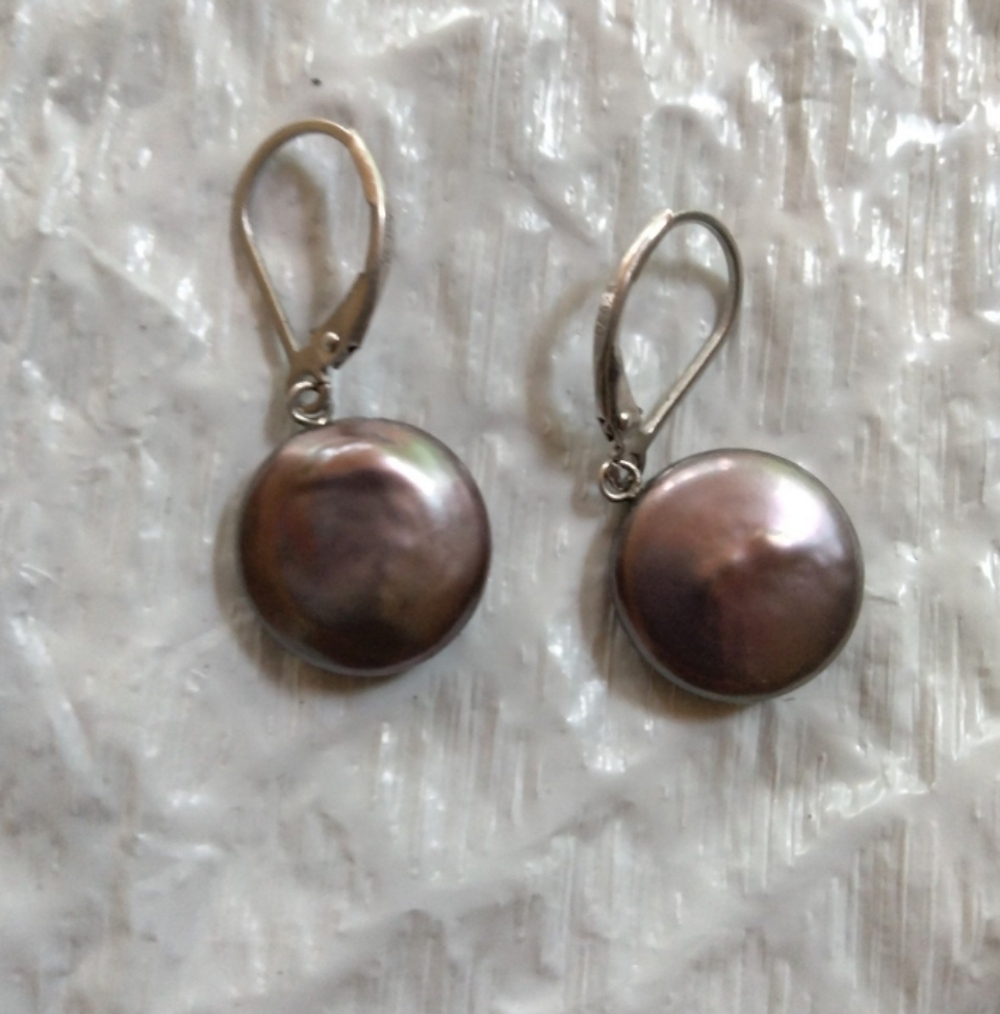 925 Sterling Silver Flat Coin Pearl Dangling Leverback Earrings!!!